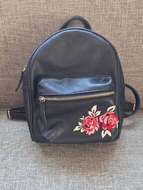 Black Faux Leather Backpack with Red Rose Embroidery